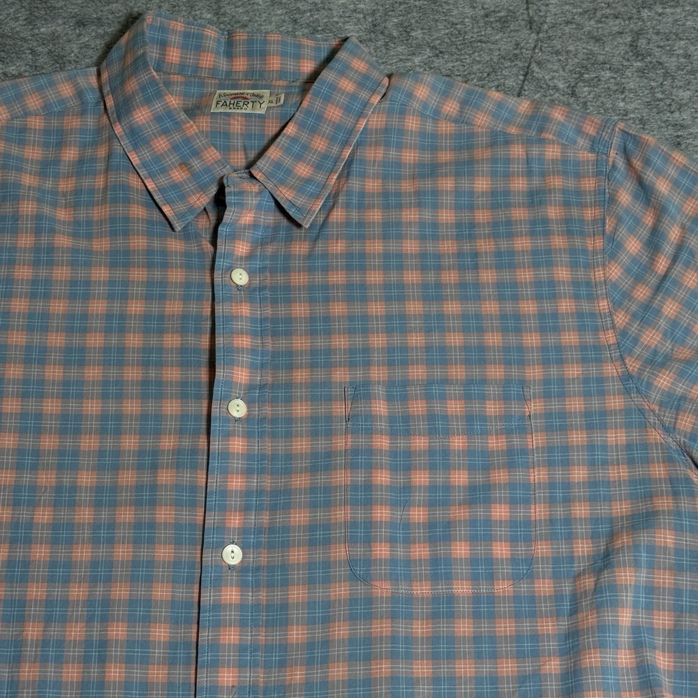 Faherty Button Down Shirt Mens XL Plaid Short Sleeve 100% Cotton Blue Orange - Picture 2 of 11